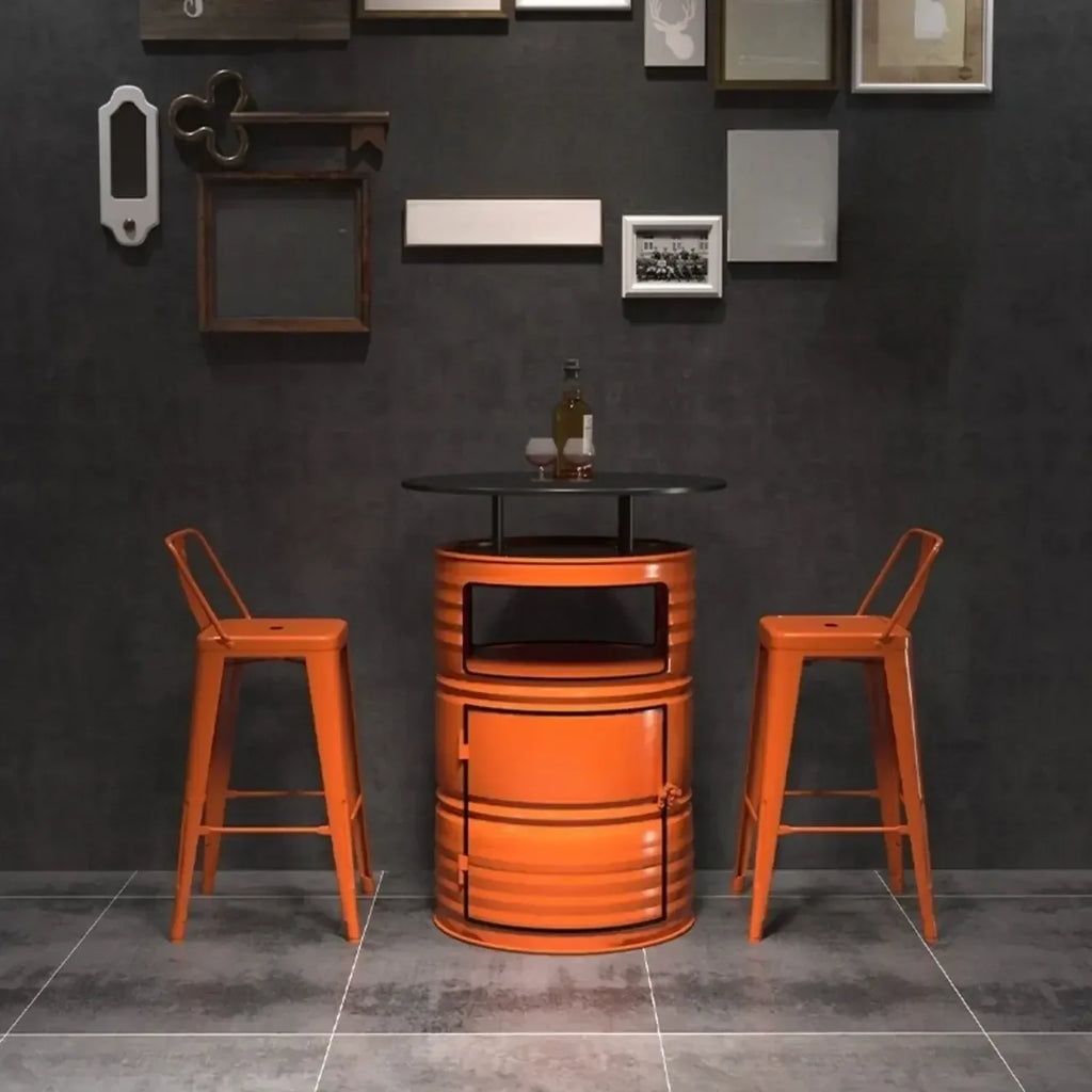 Tables de bar de rangement en fûts métalliques industriels noirs et orange