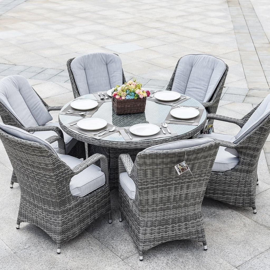 Ensemble de salle à manger rond 7 pièces en rotin tressé d'extérieur avec coussins par Moda Furnishings