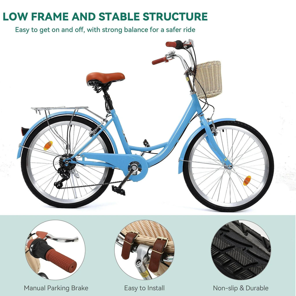 Moasis24/26 Vélo Cruiser 7 Vitesses, Vélo à Cadre Bas Ajustable, Vélo de Ville, Bicyclette
