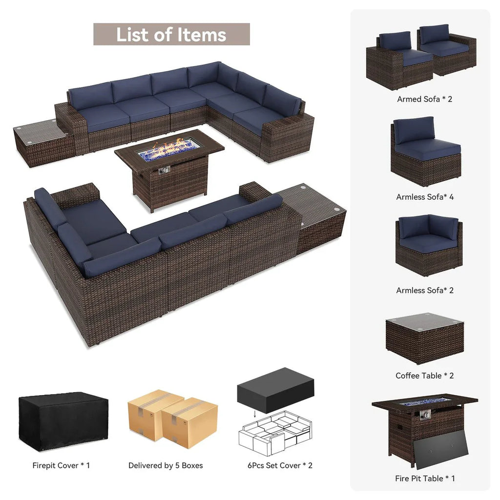 Ensemble de mobilier de jardin 13 pièces avec table brasero de 44 pouces